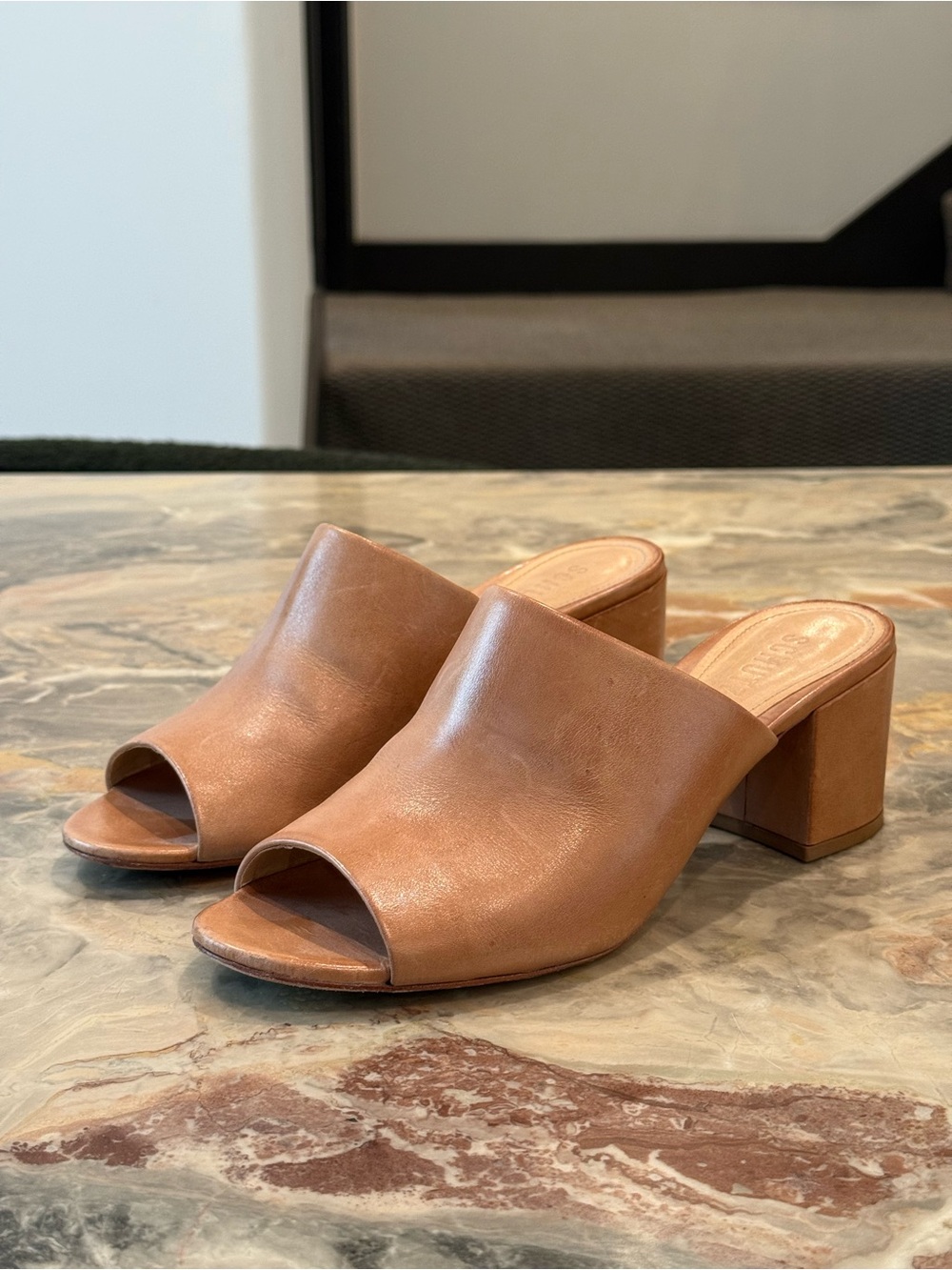 Schutz Tan Leather Block Heel Slide Sandals 8.5B Made in Brazil